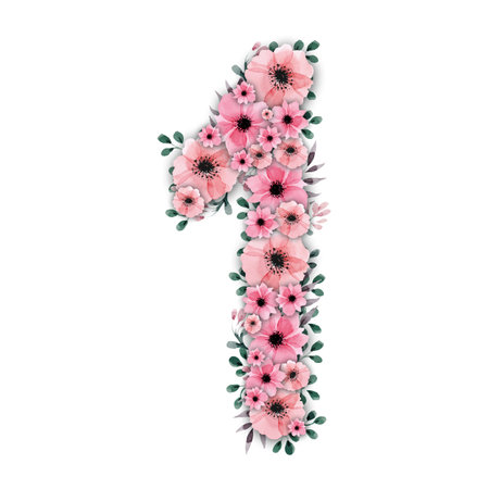 Lovely illustration of big pink watercolor flower number one decorated with green foliage. High-resolution and isolated on a blank background, perfect for creative projects.の写真素材