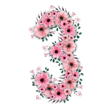 Lovely illustration of big pink watercolor flower number three decorated with green foliage. High-resolution and isolated on a blank background, perfect for creative projects.の写真素材