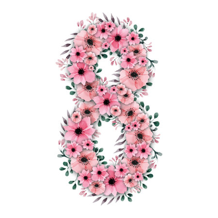 Lovely illustration of big pink watercolor flower number eight decorated with green foliage. High-resolution and isolated on a blank background, perfect for creative projects.の写真素材