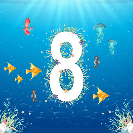A marine-themed number 8, designed in an underwater scene. Decorated with seaweed, starfish, corals. Surrounded by sea animals: fish, seahorse, jellyfish, squid. High resolution.の写真素材