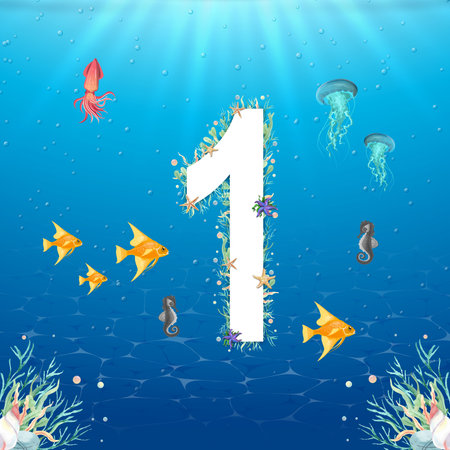 A marine-themed number one, designed in an underwater scene. Decorated with seaweed, starfish, corals. Surrounded by sea animals: fish, seahorse, jellyfish, squid. High resolution.の写真素材