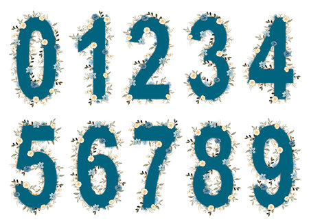 Teal azure blue and yellow watercolor flowers and rose numbers with green foliage. Set contains the numbers 0, 1, 2, 3, 4, 5, 6, 7, 8 and 9. Isolated on a bland background.の写真素材