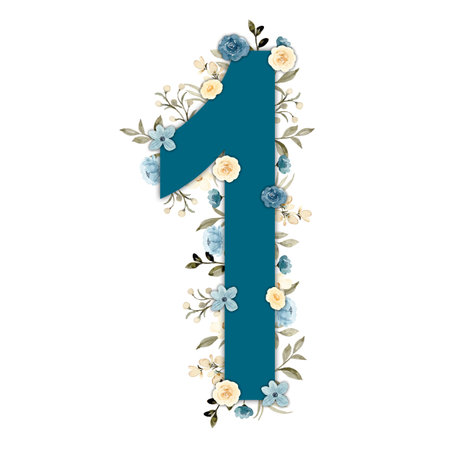 Teal azure blue and yellow watercolor flower and rose number one with green foliage. High-resolution and isolated on a blank background, perfect for creative projects.の写真素材