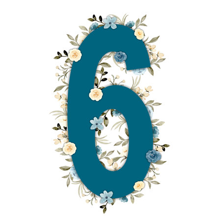 Teal azure blue and yellow watercolor flower and rose number six with green foliage. High-resolution and isolated on a blank background, perfect for creative projects.の写真素材