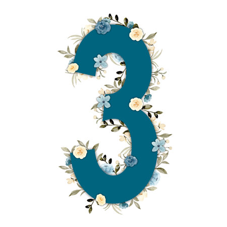 Teal azure blue and yellow watercolor flower and rose number three with green foliage. High-resolution and isolated on a blank background, perfect for creative projects.の写真素材