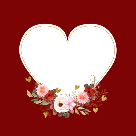 Turn your photo into a heart shape. Decorated with watercolor flowers and leaves, framed with gold glitter hearts overlay, red background. Template for a unique special greeting.の写真素材