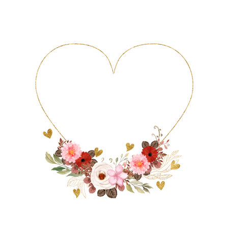 Turn your photo into a heart shape. Decorated with watercolor flowers and leaves, framed with gold glitter hearts overlay, white background. Template for a unique special greeting.の写真素材