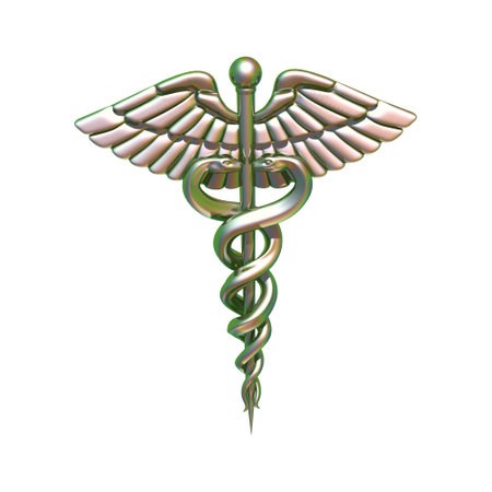 3D rendering medical colorful light chrome metallic holographic Caduceus icon sign, isolated.の写真素材