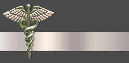 3D Rendering medical colorful light chrome metallic holographic Caduceus icon sign on a clean brown gray background with a metal effect stripe.の写真素材