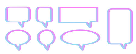 Vibrant, fluorescent and unique set of neon pink and blue gradient speech bubble outlines in 3D effect, modern chat bubble featuring a pink-to-blue color transition.のイラスト素材