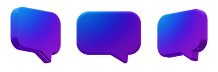 Modern rectangular speech bubble with a smooth blue-to-purple gradient. 3D render icon element,...
