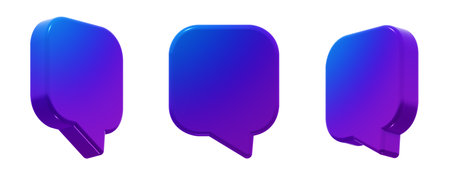 Modern square speech bubble with a smooth blue-to-purple gradient. 3D render icon element, isolated. Includes three angles of the same shape.の写真素材