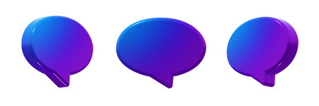Modern oval speech bubble with a smooth blue-to-purple gradient. 3D render icon element, isolated. Includes three angles of the same shape.の写真素材