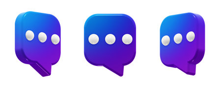 Modern square chat speech bubble with a smooth blue-to-purple gradient. 3D render icon element, isolated. Includes three angles of the same shape.の写真素材