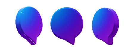 Modern round speech bubble with a smooth blue-to-purple gradient. 3D render icon element, isolated. Includes three angles of the same shape.の写真素材