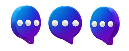 Modern round chat speech bubble with a smooth blue-to-purple gradient. 3D render icon element, isolated. Includes three angles of the same shape.の写真素材