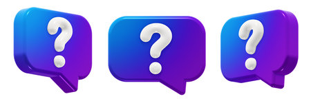 Modern rectangular question mark speech bubble with a smooth blue-to-purple gradient. 3D render icon element, isolated. Includes three angles of the same shape.の写真素材