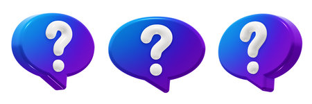 Modern oval question mark speech bubble with a smooth blue-to-purple gradient. 3D render icon element, isolated. Includes three angles of the same shape.の写真素材