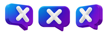 Modern rectangular decline negative cross speech bubble with a smooth blue-to-purple gradient. 3D render icon element, isolated. Includes three angles of the same shape.の写真素材