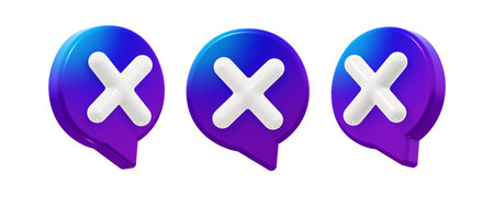 Modern round decline negative cross speech bubble with a smooth blue-to-purple gradient. 3D render icon element, isolated. Includes three angles of the same shape.の写真素材