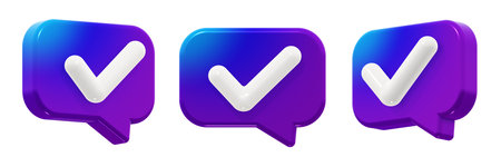 Modern rectangular checkmark approved speech bubble with a smooth blue-to-purple gradient. 3D render icon element, isolated. Includes three angles of the same shape.の写真素材