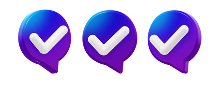 Modern round checkmark approved speech bubble with a smooth blue-to-purple gradient. 3D render icon element, isolated. Includes three angles of the same shape.の写真素材