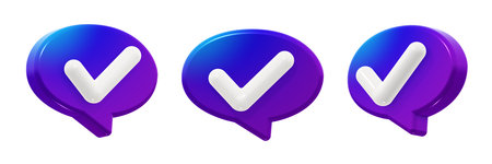 Modern oval checkmark approved speech bubble with a smooth blue-to-purple gradient. 3D render icon element, isolated. Includes three angles of the same shape.の写真素材