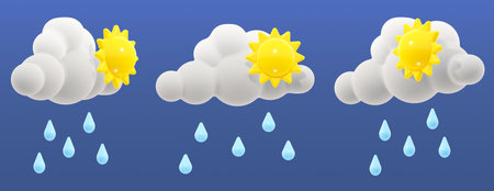 A playful 3D icon set showing different combinations of sun, clouds, and rain. Fluffy white clouds, a shiny yellow sun, and soft blue raindrops in a glossy cartoon style.の写真素材