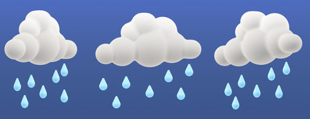 3D render cartoon style clouds with raindrops. Weather rain icon, view in three different angles, isolated.の写真素材