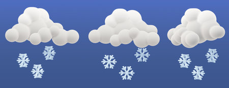 A cute 3D set of snowing clouds with crisp white snowflakes falling. Minimal and clean design for winter-themed projects. Rendering shown from 3 different perspectives, isolated.の写真素材