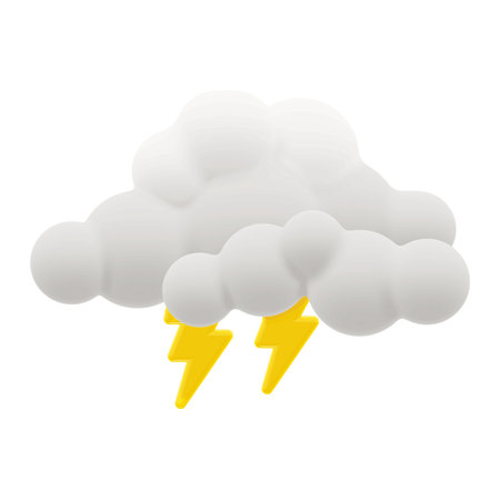 Vector 3D rendering cartoon style clouds with yellow lightning. Modern glossy plasticine style weather icon, isolated on a white background.のイラスト素材