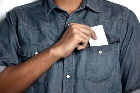 man holding a blank cardの写真素材