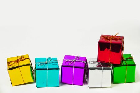 Gift boxes colorful, Isolated on white.の写真素材