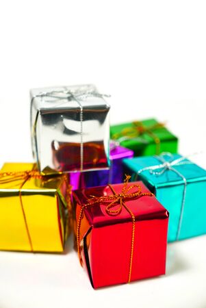 Gift boxes colorful, Isolated on white.の写真素材