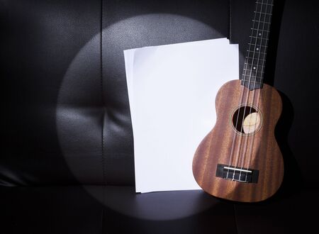 Ukulele in Sport Light and Blank Music Paper Notes.の写真素材