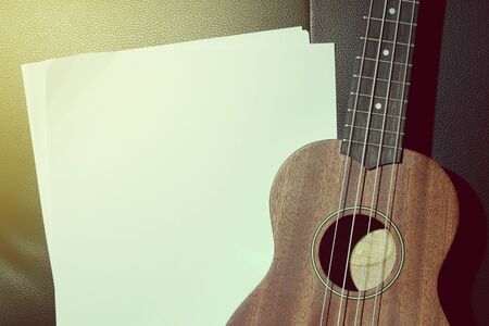 Ukulele and Blank Music Paper Notes Vintage Styleの写真素材