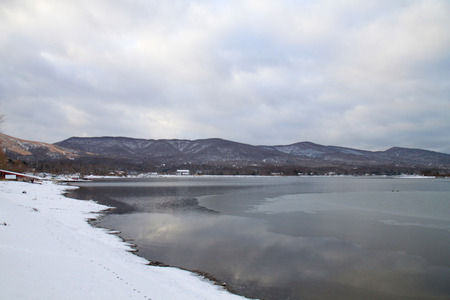 lake Kawaguchiko view in winter season Japanの写真素材