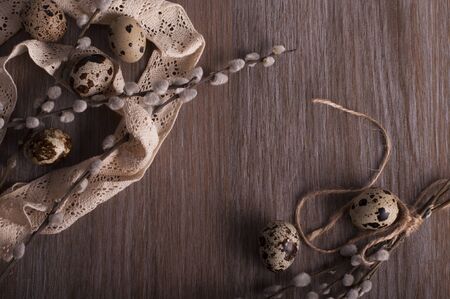 Quail eggs on a wooden backgroundの写真素材