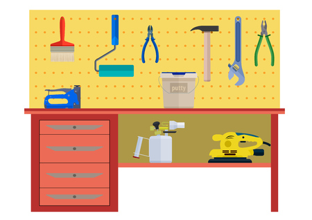 Working table with instrument hammer brush roller pliers. Eps10 vector illustration. Isolated on white backgroundのイラスト素材