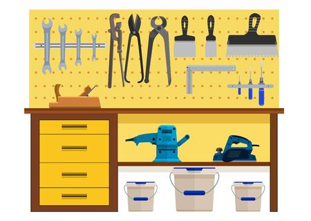 Working table with spanner planer scissors palette knife pincers. Eps10 vector illustration. Isolated on white backgroundのイラスト素材