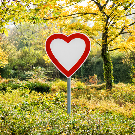 A heart in the shape of a road sign stands alone in a forest.の写真素材