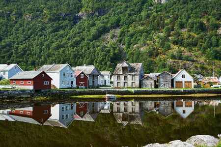 Shoreline Laerdal Norway historic village with old wood housesの写真素材