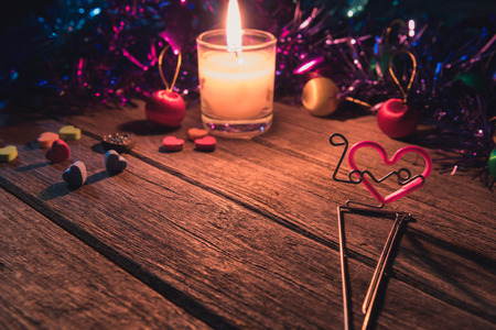 Christmas or new year festival decor on table / Christmas or new year festival decor design / Background with free text space concept.の写真素材