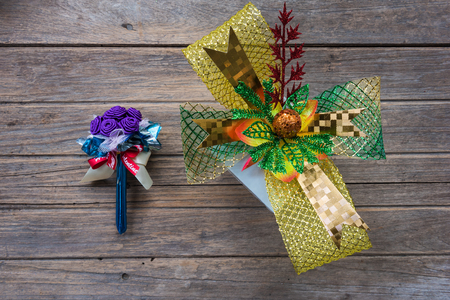 Christmas gifts box decor on wooden table. Retro style top view concept.の写真素材