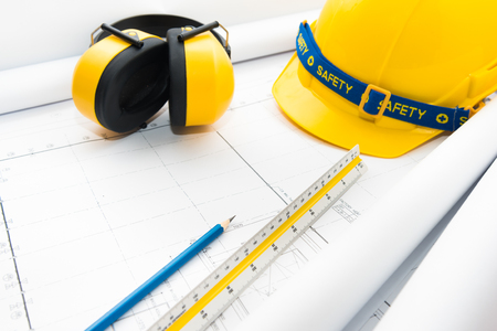 Drawing plan paper and safety tool for Subject to construction planning or business workの写真素材