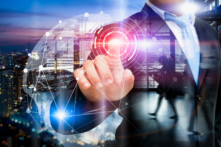 Businessman startups with Global communication network and AI, Artificial Intelligence. Community services concept. Flying earth network interface activated.の写真素材