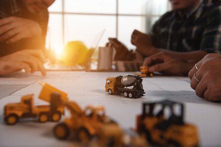 Engineer meeting with the working team in modern office. Discussion and Planning for Construction work concept. Selection focus on machine model.の写真素材