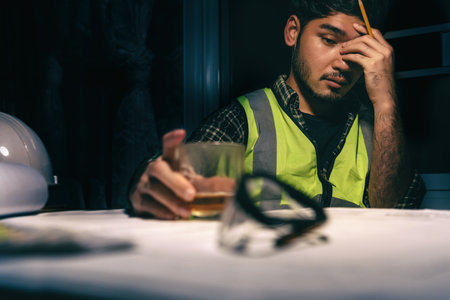 Engineer Designer freelance sit drinking from Stress on the desk, Planning with blueprint on desk in office at night, Economic poison, Stressed with work.の写真素材