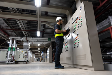 Electrical Engineer team working front HVAC control panels, Technician daily check controls system...