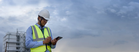 Engineering Consulting on construction site holding tablet in his hand with copy space. Management in business workflow and Building inspector with technology in Construction Project.の写真素材
